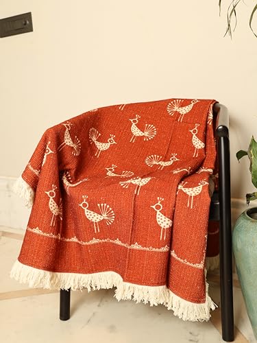 Image of Rajasthani Sacred Geometry Throw 60x50 Inches | Rust Rectangular Mandana Series Decorative Throw Blanket