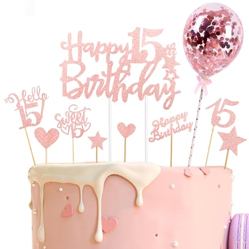 Catelves Tortendeko 15 Geburtstag Junge Mädchen 9 Stk Glitzer Kuchen Deko 15. Geburtstag Junge Happy 15th Birthday Cake Topper 15 Geburtstagdeko Sweet 15 Torten Deko 15 Jahre Mädchen Roségold