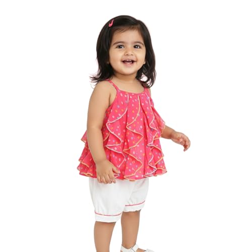 Image of Nautinati Baby Girls Printed Strappy Tiered Top with Shorts Clothing Set | Age 0-3 Years