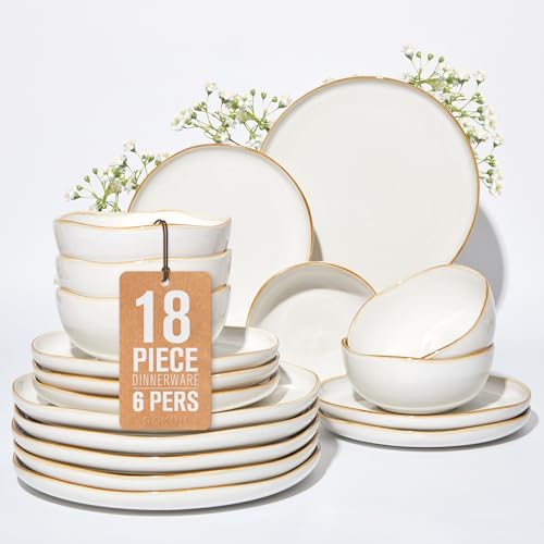 Image of Pokini 18 Piece White Reactive Glaze Dinnerware Set for 6, Irregular Coastal Shape Stoneware | Elegant & Minimal Design for Daily Family Dinners or Weekend Guests