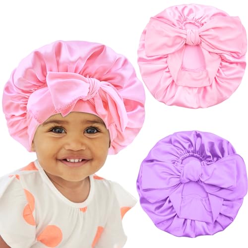 Image of 2pcs Pack Pink Baby Bonnet Kids Bonnet Infant Satin Silk Hair Bonnets For Girls Boys Toddler