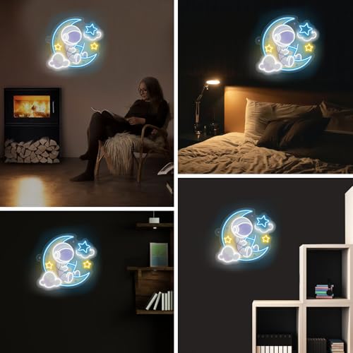 Image of Astronaut Reading Neon Sign Book Artwork Light Reading Corner LED Light | Nursery Room Decor USB Powered Dimmable Gift For Kids Home Wall Decor Room Decoration 15 inchx13.4 inch
