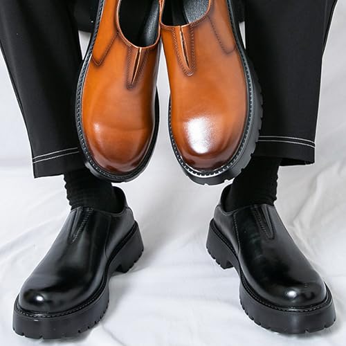 Men's Leather Chunky Platform Retro Loafers Classic Rubbed Color Round Toe Thick Heel Lug Sole Non-Slip Slip-On Dress Shoes for Business, Work, Wedding4
