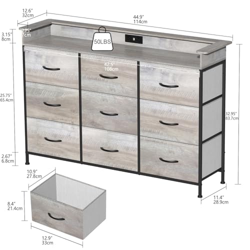 Image of EXOTICA Dresser with Charge Station 9 Drawers Dresser for Bedroom with LED Lights Tall Wide Fabric Dressers & Chests of Drawers for Closet Hallway Entryway Sturdy Steel Frame Wood Top
