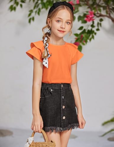 Image of Girls T Shirts Ruffle Short Sleeve Round Neck Loose Blouse Summer Solid Color Casual Girl Tee Tops for 3-12 Years