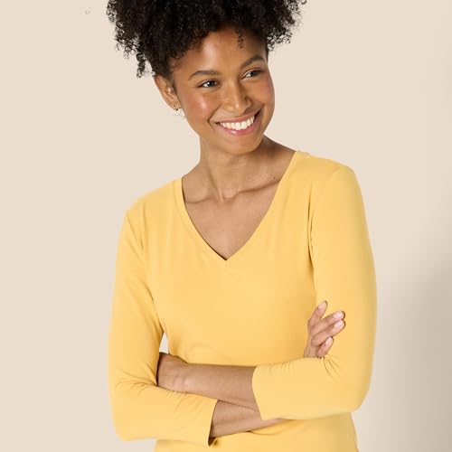 Amazon Essentials Camiseta con Cuello en V y Manga 3/4 de Corte Estándar (Disponible en Tallas Grandes) Mujer, Amarillo Oscuro, XXL