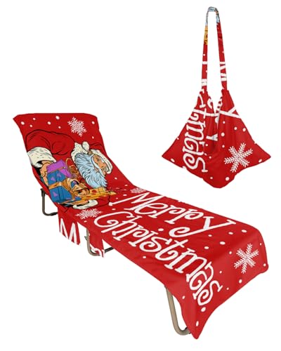 Merry Christmas Beach Chair Towel Covers for Chaise Lounge with Side Pocket, Soft Plush Pool Towels Cover for Patio Sunbathing Outdoor 29''x85'' Red Santa Winter Snowflake