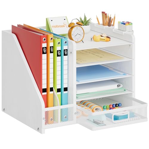 Image of Marbrasse Desk Organizer with File Holder, 5-Tier Paper Letter Tray Organizer with Drawer and 2 Pen Holder, Mesh Desktop Organizer and Storage with Magazine Holder for Office Supplies (Wood-White)