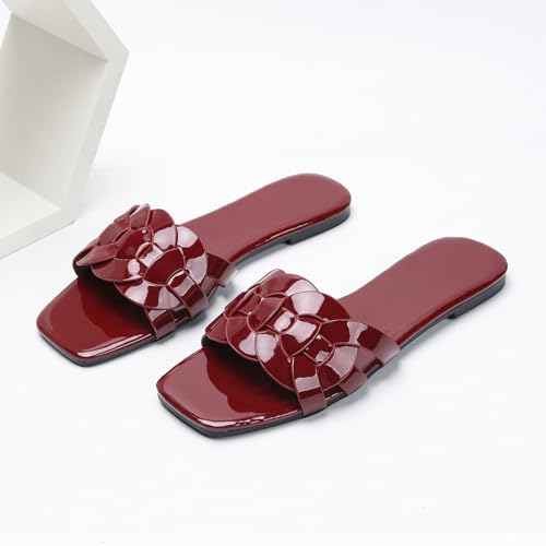 Women's Wine Red Patent Leather Flat Sandals,Summer Square Open Toe Fashion Woven Wide Single Band Dressy Beach Slides4