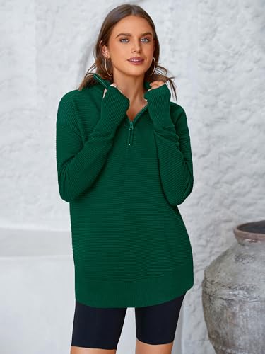 Image of PRETTYGARDEN Womens Long Sleeve Quarter Zip Pullover Sweater | Casual Loose V Neck Sweaters with Thumb Hole, Collared Ribbed Knit Jumper Tops, Oversized Tunic Tops, Fall Outfits 2026