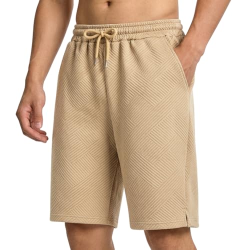 OSDUE Męskie spodenki na co dzień, waflowe spodenki sportowe do biegania na siłownię treningowe ze sznurkiem elastyczny pas letnie spodenki do biegania na plażę z kieszeniami L-3XL, Khaki, XL