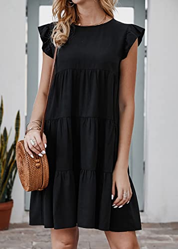 Image of KIRUNDO Summer Dresses for Women Sundress Sleeveless Ruffle Sleeve Round Neck Loose Short Flowy Pleated Mini Babydoll Dress