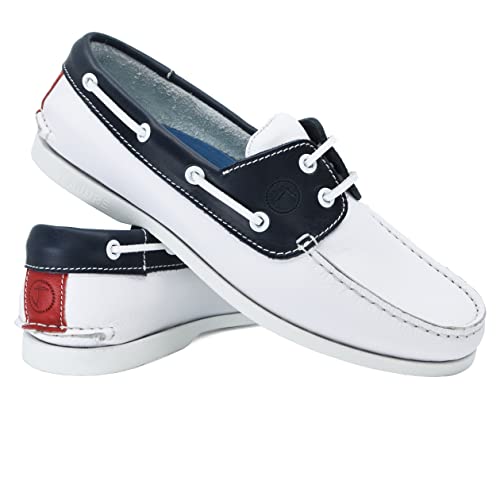 Seajure Men’s Boat Shoes Navagio White, Navy Blue and Red Leather