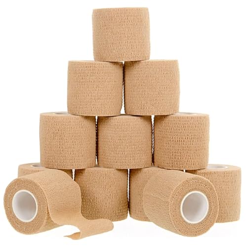 Image of 12 Pack Self-Adhesive Bandage Wrap - 2 Inches x 5 Yards - Elastic Self Adherent Cohesive Wrap Bandage - Breathable Athletic Tape for Wrists, Knee, Ankle - First Aid Sports - Brown