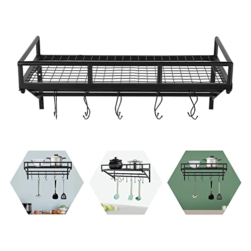 2 Tier 24 Inch Hanging Pot Rack, Wall Mounted Pot and Pan Organizer, Holder Storage Shelf with 10 Hooks for Home Kitchen, Restaurant, Hotel Use