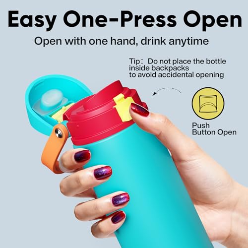 Image of Insulated Water Bottle with Straw - Encool Stainless Steel Water Bottle with Push Button Lid, Leak-Proof & BPA-Free, Keeps Cold for 24 Hours for Sports, Travel, Gym (24 oz, Cerulean Blue)