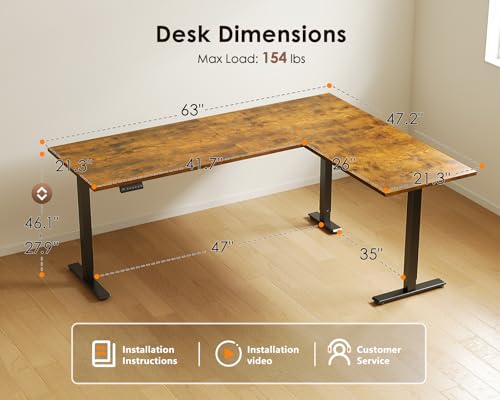 Image of OffiGo 63 Inch Reversible L Shaped Electric Standing Desk, Rustic Brown