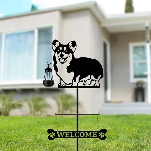 ANGELLOONG 51" Solar Corgi Silhouette Dog Welcome Sign with Lantern, Outdoor Decorative Corgi Gifts for Garden Yard Lawn Patio Pathway — view 4
