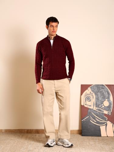 Image of Kvetoo Men's Wool High Neck Zipper Sweater, Full Sleeve Cable Knit Quarter Zip Winter Pullover