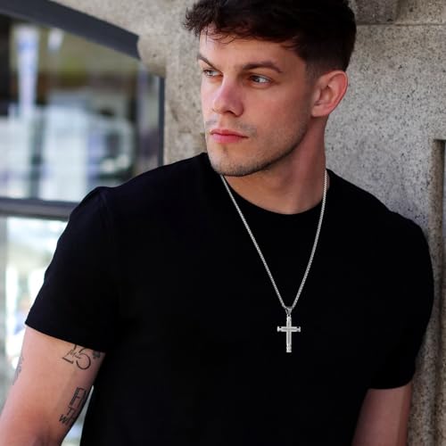Image of HZMAN Philippians 4:13 Cross Pendant STRENGTH Bible Verse Stainless Steel Necklace 3 Colors Available