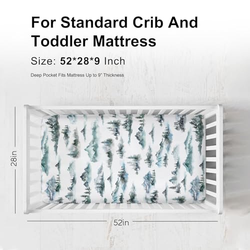 Image of Watercolor Misty Forest Painting Fitted Baby Crib Sheets for Girl Boy 52 inchx28 inch Mountain Foggy Crib Mattress Cover Soft Breathable Baby Bed Sheet for Standard Crib and Toddler Mattress