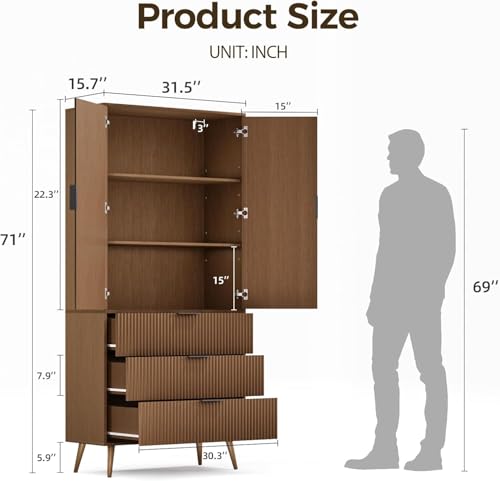Image of Fluted Tall Cabinet, Kitchen Pantry Cabinet with Adjustable Shelves, Wood Cupboard with 3 Drawers 2 Doors, Mid Century Modern Cabinet for Living Room Dining Room Entryway Office, Walnut