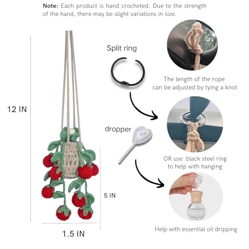 Image of ROFIGL Handmade Crochet Hanging Car Air Freshener - Sweet Cherry Charm with 12ml Refillable Glass Essential Oil Bottle, Cute Car Accessories for Women & Bedroom Floral Decor