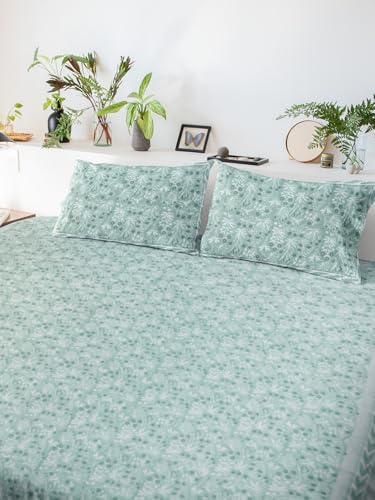 Image of Prasino Premium Hand Block Printed Bedsheet | Bed Sheet Flatsheet | Pure Cotton | Double Bed King Size 108 inchx108 inch | 300 TC Bedsheets | Includes 2 Pillow Covers | Floral Spread