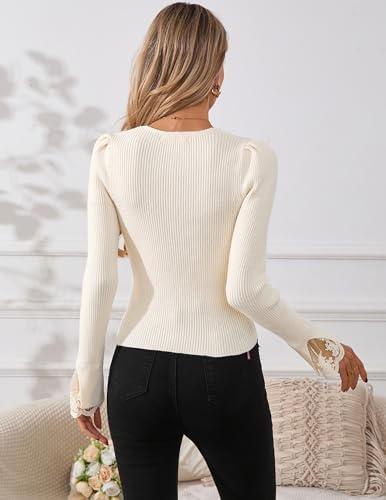 Image of Libsorge Womens Slim Dressy Pearl Lace Ruffle Sweater Fall 2025 Business Casual Outfits V Neck Ribbed Knit Tunic Tops