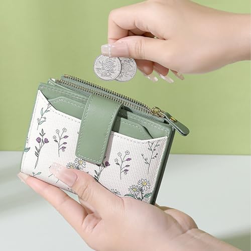 Image of Small Wallets for Women Leather Bifold Zipper Pocket Wallet Cute Flower Credit Card Holder Coin Purse with ID Window