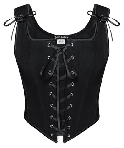 SCARLET DARKNESS Damen Medival Cottagecore Corset Top Elegant mit Schnürung Tachtenmieder Schwarz 44