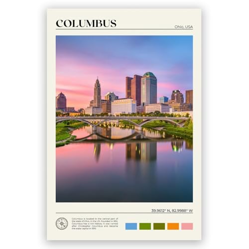 JYscillate Columbus Ohio Skyline Cityscape at Sunset Wall Art Natural poster Modern Landscape picture Canvas Print Urban Landmark Wall Decor for Living Room,Bedroom,Office Gallery 8x12inch Unframed