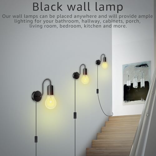 Image of Plug in Wall Sconce with Switch, Industrial Wall Mount Light Fixture E26 Vintage Wall Sconces, with Plug in Cord Black Metal Farmhouse Wall Lamp for Bedroom Living Room Corridor