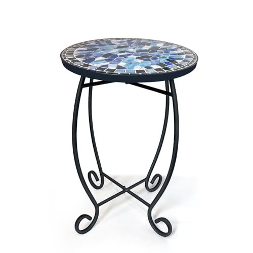 LIFFY Outdoor Side Table 12 Round Ceramic Tile Tabletop Accent Table with Metal Frame Indoor Small Decorative Plant Stand & End Table for Home Patio Garden