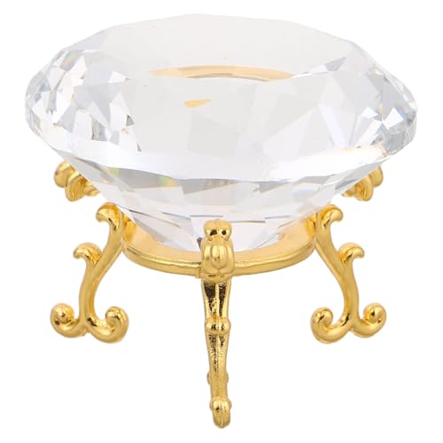 GRIRIW Centro de Mesa Cristal Modelo Diamante de 6 Cm con Base Triangular Dorada, Adorno Decorativo Blanco para Oficina y Hogar, Expositor Pisapapeles Elegante para Decoración