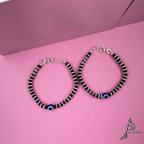 Image of Parnika (Formerly MJ 925 Traditional Silver & Black Crystals Baby Nazariya Kids Silver Bracelet in Pure 92.5 Sterling Silver for Kids - One pair