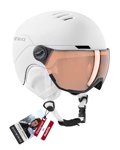 Black Crevice Kinder-Skihelm Cortina I Skihelm mit Vollvisier & Belüftung I Snowboardhelm für Jungen & Mädchen I Mit Ohrpads & Skibrillenhalterung I Größenverstellbar (Weiß, XXS)