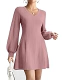 Zeagoo Long Sleeve Dresses for Women Elegant Lantern Sleeve Cable Dress Casual V Neck Evening Dress Autumn Pink M