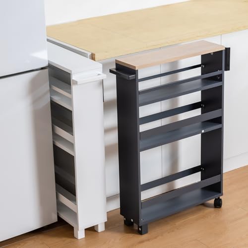 Carrito delgado de 4 niveles con ruedas de madera de 15 cm, carrito deslizante para ahorrar espacio para cocina, baño y lavandería