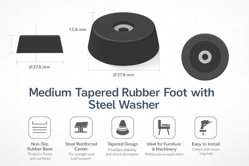 Image of Penn Elcom Medium Tapered Rubber Feet with Built‑in Steel Washers, Set of 12 | Heavy‑Duty Non‑Slip Shock‑Absorbing Rubber Bumpers for Audio & AV Gear (O 37.8 mm x H 13.8 mm)