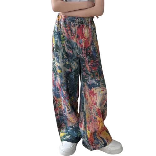 Girls Baggy Jeans Oil Painting Denim Cargo Pants Y2K Streetwear Cargo Pants Artistic Splatter Jeans Tie Dye Trousers