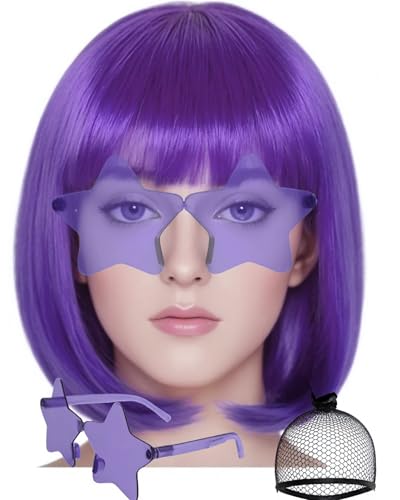 Image of ANOGOL Purple Bob Wig with Bangs Purple Wigs Women Lavendar Colored Wigs | Hair Cap+Sunglasses Short Neon Wig for Bachelorette Party Funny Outfit for Women Halloween Costume Night Club Crazy Hair Day