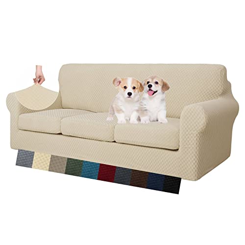 MAXIJIN Couch Covers for Cushion Couch Super Stretch Non Slip Couch Cover for Dogs Pet Friendly Elastic Jacquard Furniture Protector Sofa Slipcovers (Sofa, Light Beige)
