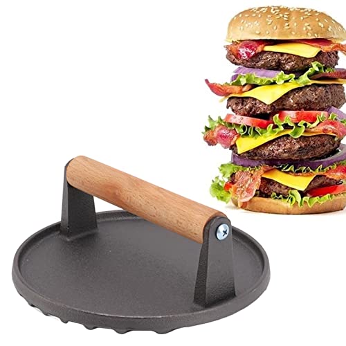 PNAJFUEL Prensa para Barbacoa, Superficie Acanalada de Hierro Fundido, Mango de Madera Cómodo, Prensa para Carne Repara Barbacoa, Hamburguey Beicon