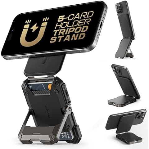SUPCASE for MagSafe Wallet with Stand, Magnetic Wallet for Men, [Hold 5 Cards] [Adjustable Stand] [RFID Blocking] Phone Stand Credit Card Holder Tripod for iPhone 16/15/14/13/12 Series, Black Cover