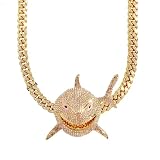 Xikui Rhinestone Necklace Chain, 18K Gold Plated Hip Hop Shark Pendant with Cuban Chain Width 13MM Length 19.7in(50cm) for Men/Women(gold)