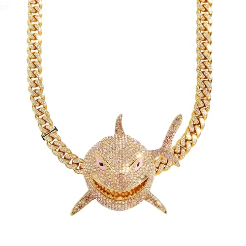 Xikui Rhinestone Necklace Chain, 18K Gold Plated Hip Hop Shark Pendant with Cuban Chain Width 13MM Length 19.7in(50cm) for Men/Women(gold)