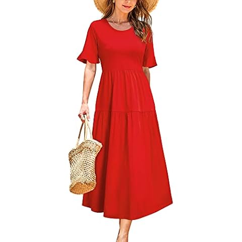 STYLEWORD Midi Dresses for Women Casual Ruffle Short Sleeve Crewneck Flowy Long Summer Dress 2024(Red,S) Cover