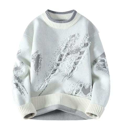 Men's Winter Patchwork Ripped Knit Sweater Crewneck Casual Pullover Knitted Streetwear Warm Outwear