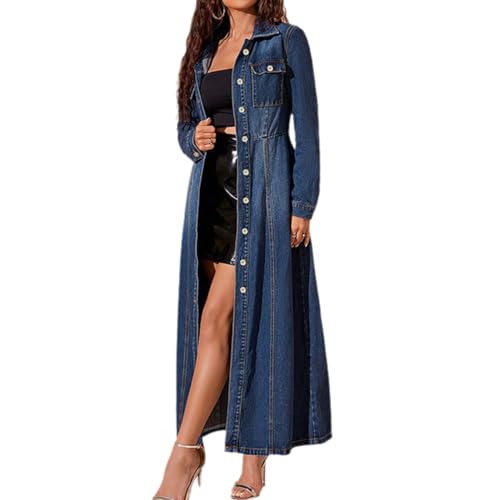 Women's Maxi Denim Dress Long Sleeve Lapel Button Long Jean Dress Fall Casual Denim Trench Coat Jacket2